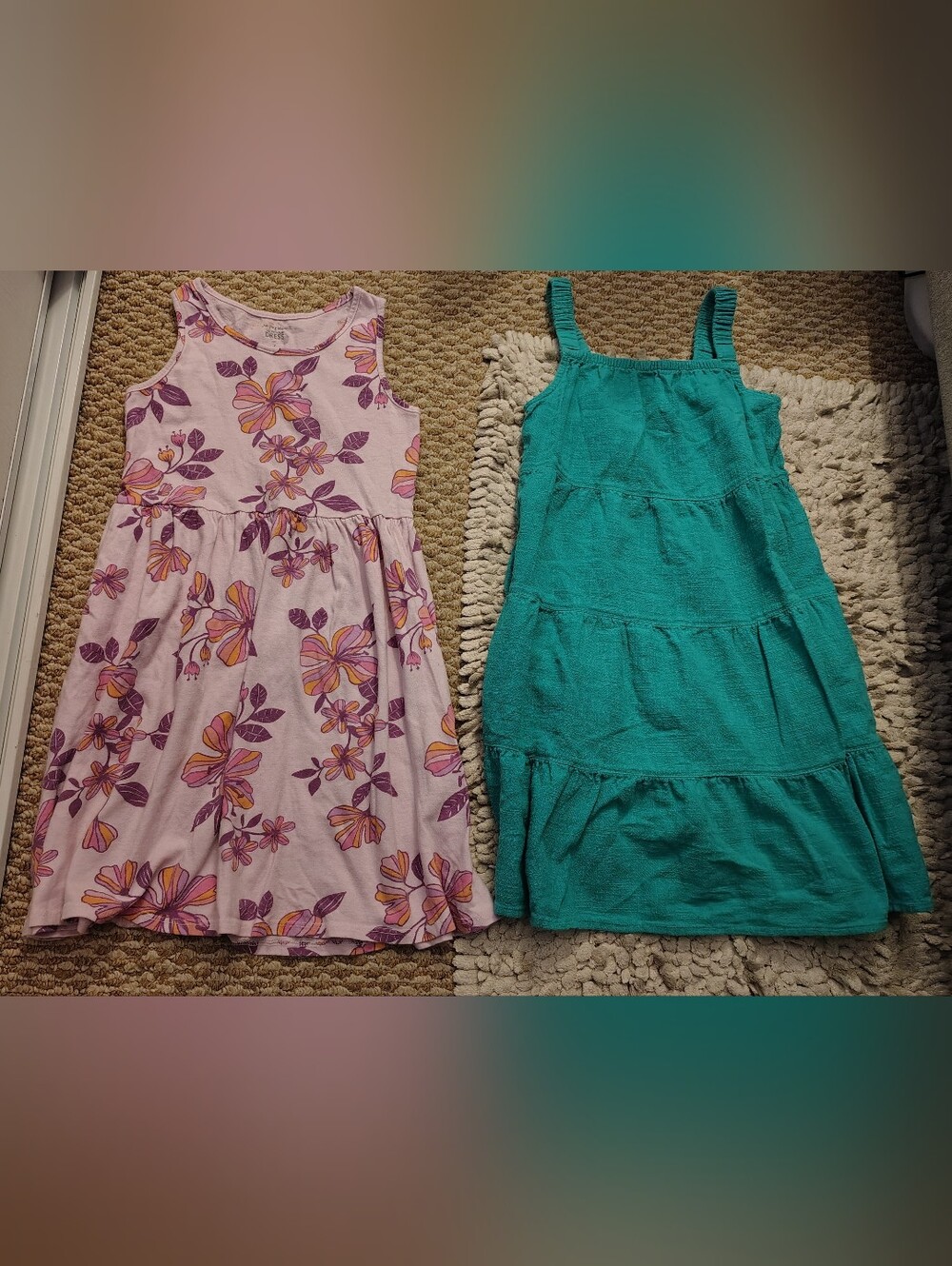 (2)Pink Floral Tank Dress & Teal Tiered Sundress Set